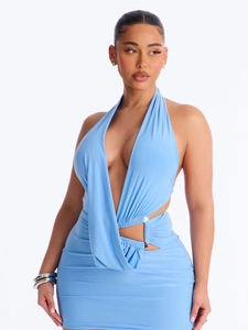 Abito Mini Sexy Con Scollo a V Profondo all'Americana Per Donna Ritaglio Anello di Metallo Senza Schienale Bodycon Party Clubwear Abito Estivo Senza Maniche