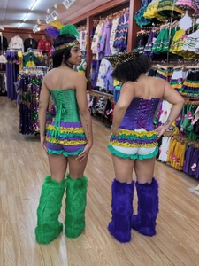 Women's sexy Mardi Gras costume set with satin corset and ruffled skirt back view