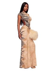 Chic tiger print halter neck backless long dress for women featuring a slim fit silhouette