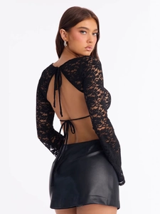 Femme Sexy Dos Nu Dentelle Manches Longues Haut Élégant Floral Ajouré À Nouer Blouse Été Fête Clubwear Mode Chemise