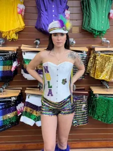Sexy white Mardi Gras corset top with NOLA sequins and matching colorful striped shorts