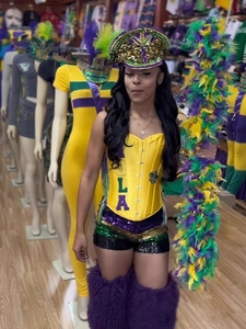 Women's Mardi Gras corset outfit with purple LA print, sequins, and feather boa accessories