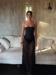 Sexy black lace backless tube dress with sheer floral mesh and slim fit silhouette