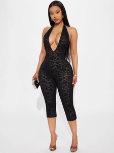 Sexy Women Lace Jumpsuit Halter Deep V Neck Backless Slim Fit Floral Cut Out Capri Pants Summer Fashion Romper Black Yellow