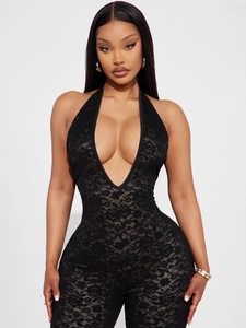 Sultry black floral lace bodysuit with a deep V-neck and halter backless design