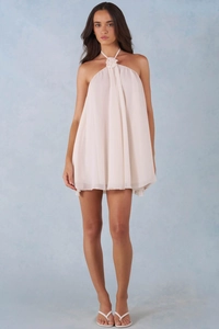 Detail showing handcrafted 3D flower on the halter neck of this pink chiffon dress