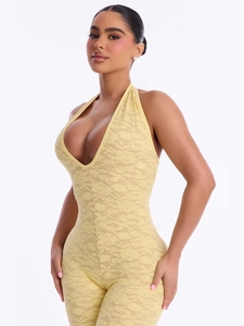 Sleeveless deep V-neck lace bodysuit for women in yellow with halter neck design