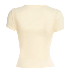 Back view of slim fit cream short sleeve cardigan with tie-up detail on plain white background