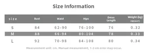 Size chart for cross-strap sleeveless dress including bust, waist, and hip measurements
