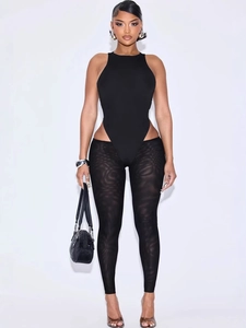 Damen Sexy Clubwear Bodysuit Und Netzhose Stehkragen Neckholder Ärmelloses Top Bedruckte Transparente Hose Mode Party Outfit