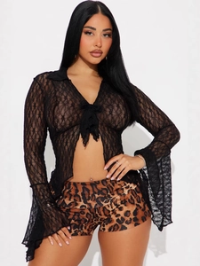 Sexy sheer black floral lace cardigan with bell sleeves and leopard print shorts