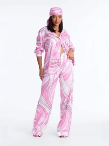 Completo Moda Donna Top And Bottom Con Foulard Camicia Manica Lunga Revers Pantaloni Larghi Casual Viaggio Resort