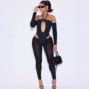 Damen Sexy Schwarz Halter Ausschnitt Bodysuit Mit Abnehmbaren Langen Ärmeln Und Durchsichtigen Netz Leggings Clubwear Outfits
