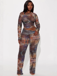 Ensemble 2 pièces en mesh pour femme avec top manches longues et imprimé d'art