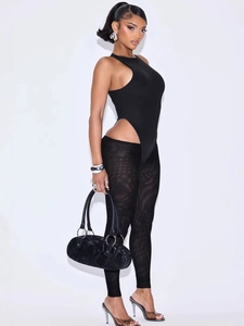 Damen Body Set mit ärmellosem Oberteil und marmorierter Mesh-Leggings in elegantem Schwarz