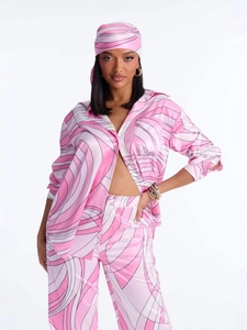 Set donna 3 pezzi con camicia a maniche lunghe e pantaloni ampi in stampa a spirale rosa