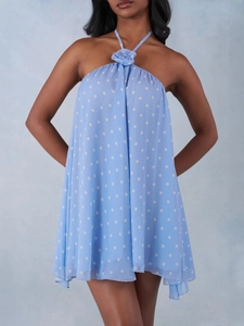 Women Halter Backless Polka Dot Mini Dress Sexy Mesh Chiffon Loose Summer Sundress With Floral Decor Holiday Vacation Outfit