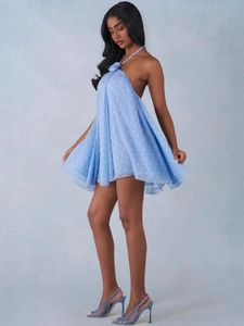 Elegant light blue polka dot backless halter dress with matching mesh high heel sandals