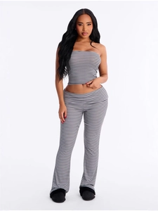 Damen Gestreiftes Zweiteiler-Set mit Tube-Crop-Top und High-Waist-Schlaghose in Dunkelgrau
