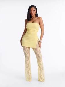Tenue Sexy Femme Haut Tube et Pantalon Évasé en Dentelle Couleur Unie Haut à Côtes Fendu Pantalon Long Évasé Vêtement de Fête