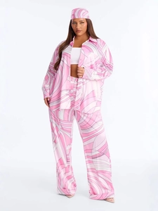 Set 3 pezzi da donna con camicia stampata rosa e pantaloni a gamba larga