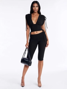 Tenues d'Été Femme Sexy Col en V Profond Froncé Cordon de Serrage Crop Top Sans Manches Et Pantalon 7/8 Moulant Noir