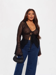 Chic black lace sheer top with bell sleeves and front tie closure for women fashion