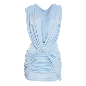 Detail of light blue sleeveless mini dress featuring a twisted waist and ruched fabric