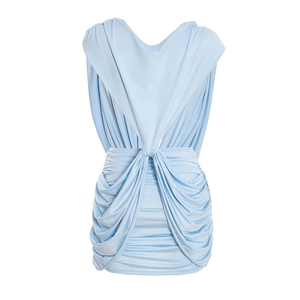 Detail of light blue sleeveless dress showing heavy draping and twisted knot craftsmanship