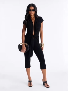 Women Sexy Deep V Neck Belted Jumpsuit Short Sleeve Solid Color Slim Fit Cropped Pants Streetwear Summer One Piece Romper