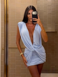 Women's Sexy Deep V-Neck Mini Dress Sleeveless Twist Knot Ruched Bodycon Club Party Vacation Backless Solid Color Dress