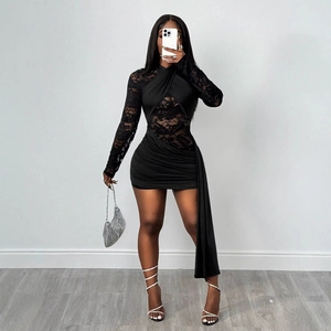 Robe Courte Sexy pour Femmes Dentelle Patchwork Manches Longues Plissée Dos Nu Moulante Hanche Enveloppée Soirée Club