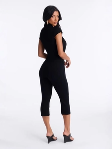 Women's chic black short sleeve high neck top and slim fit cropped leggings set