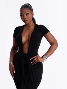 Chic black deep V-neck short sleeve bodysuit with stylish waist tie for women