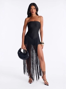 Abito da Donna Sexy Tinta Unita Senza Maniche a Tubino Con Lunghe Frange Nappine Abito da Sera per Feste Clubwear