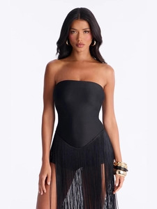 Body a fascia nero sexy con lunghe frange e vestibilità aderente per la moda estiva