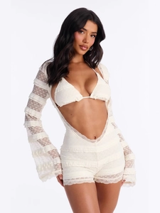 Vêtements Sexy en Dentelle pour Femmes Haut de Bikini Dos Nu Short Taille Haute et Cache-Maillot à Manches Cloches