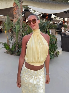 Women Sexy Halter Backless Tied Tank Top Satin Pleated High Neck Sleeveless Summer Vacation Party Fashion Vest Top