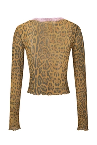 Detail eines Mesh-Oberteils mit Leopardenmuster, rosa Spitze und gewelltem Saumdesign