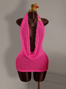 Sexy hot pink crochet halter mini dress with a deep V-neck and hollow out mesh knit pattern