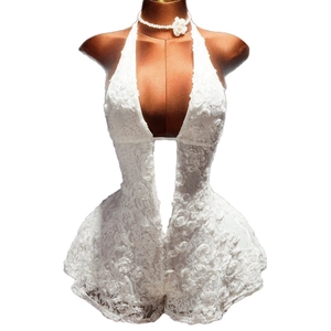 White floral crochet lace bodysuit with deep V-neck and halter neck design