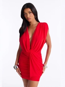Robe Sexy Rouge Femme Col en V Profond Plissé Dos Nu Lacet Croisé Moulante Sans Manches Party Clubwear Robe de Soirée