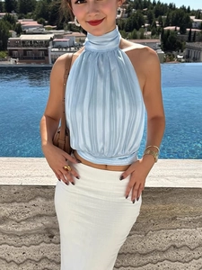 Satin halter neck pleated top in light blue for summer vacation and stylish resort wear