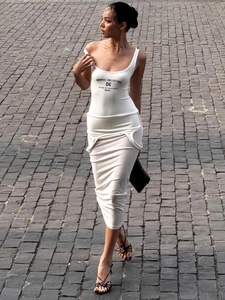 Robe Maxi Blanche Sans Manches Coupe Ajustée Femme Sportif Style de Rue Imprimé Lettres Patchwork Robe Bodycon Longue Été
