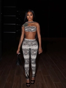 Damen Mode Schlangenmuster Top And Bottom Streetwear Ärmelloses Halter Crop Top Elastische Leggings Lässiges Graues Outfit