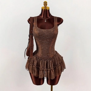 Women Sexy Lace Patchwork Tiered Ruffle Cake Dress Sleeveless High Waist Slim Fit Balletcore Mini Dress For Party Summer