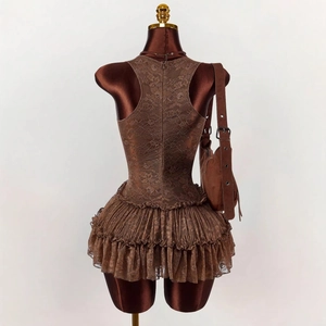 Brown lace dress with layered ruffle cake hem and floral texture shown from the back