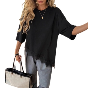 Women's black short sleeve T-shirt with asymmetrical lace hem and minimalist loose design