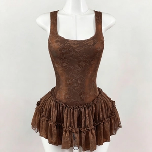 Deep brown floral lace bodysuit dress with square neck and tiered ruffle skirt