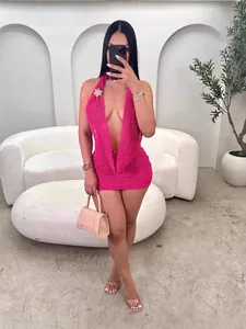 Sexy Halter Deep V Neck Backless Knit Mini Dress Sleeveless Crochet Mesh Bodycon Party Vacation Dress For Women